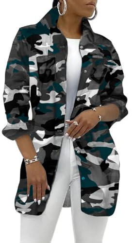 SeNight Women's Casual Blue Camouflage Jacket With Pockets Sexy V Neck Long Sleeve Button Down Denim Coat