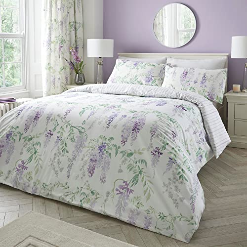 Dreams & Drapes - Purple Floral Wisteria Duvet Cover - Single Bedding Size (140 x 200cm) - Reversible Design (Purple Stripe) - Easy Care & Washable - Flower Duvet Cover in Lilac/Lavender Colour