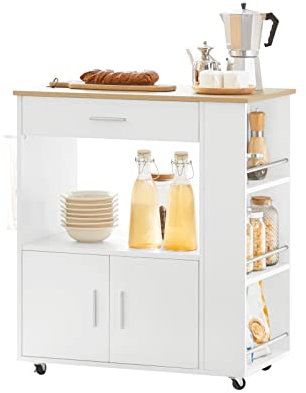 SoBuy Carrito Auxiliar con Ruedas Mueble Auxiliar de Cocina Carro Cocina con Estantes Laterales Cajón Puertas y Toallero Mesa Auxiliar Cocina Blanco 82x46x88 cm FKW113-WN