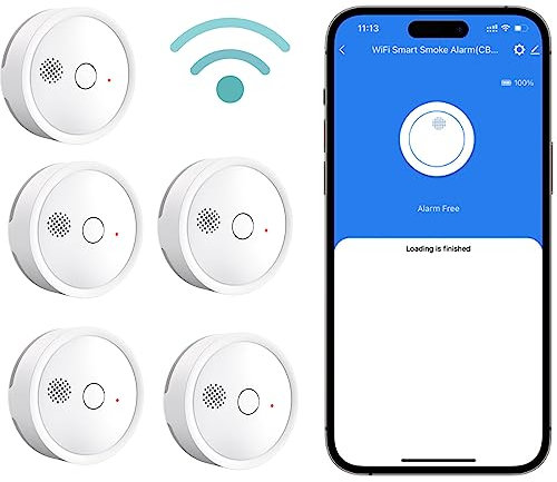 HEIMAN Allarme di fumo astuto di WiFi senza fili, rivelatore di fumo fotoelettrico con durata della batteria di 5 anni, EN14604, avviso di batteria bassa (5 Pezzi)