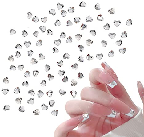 90 Stück Strassteine Nägel, 3D Flacher Nagel Glitzersteine, Herz Kristall Nail Charms Edelsteine Nagel Diamanten für Damen Mädchen DIY Make-up Nagel Kunst Dekoration (Weiß)