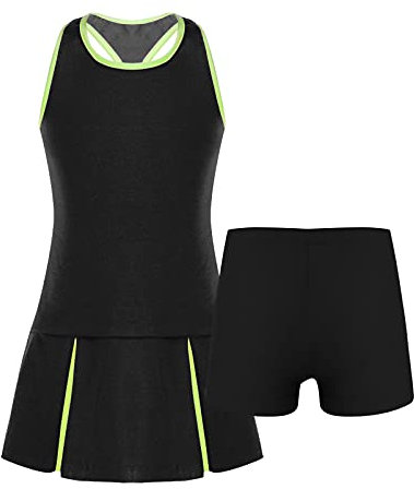 Alvivi Mädchen Tennis Kleider Glof Sportkleid mit Shorts Sport Trainingsanzug Jogginganzug Ballett Tanzen Yoga Gym Tennis Kleidung Set Schwarz 116