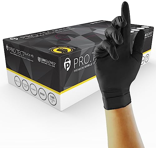 Unigloves PRO.TECT Black HD Nitrile Disposable Gloves - Ultra Heavy Duty, Single Use, Multipurpose, Powder Free, Box of 100 Gloves, Size Extra Small (GA0061)