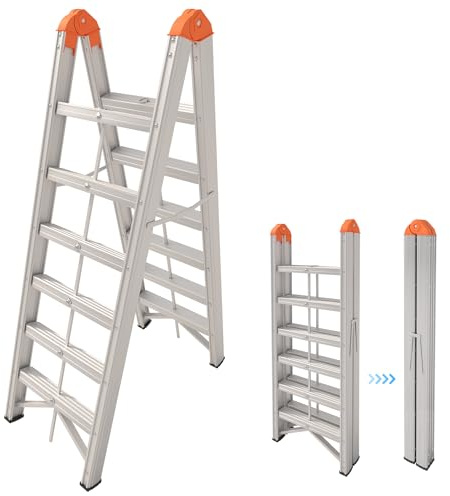 APARECIUM Aluminum Ladder, Foldable Twin Front A Frame 6-Step Ladder with Wide Anti-Slip Pedal, Compact Portable Lightweight Step Stool, EN131, 330lb Capacity