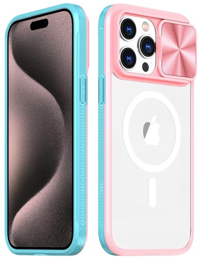 Rdyi6ba8 Cover per iPhone 15 Pro Max, Trasparente Compatibile con Magnetica Case con [Scorrevole Protezione Fotocamera] TPU+PC Antiurto Custodia per iPhone 15 Pro Max - Rosa+Verde