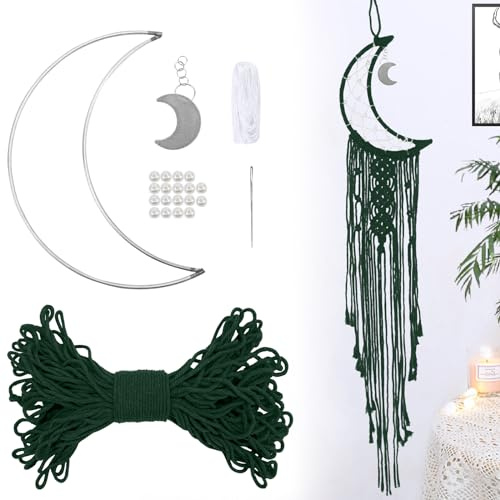CAMAL Dream Catcher Kit Dream Catchers Wall Decor DIY Macrame Kit Set of Moon Macrame Ornaments Braided Cotton Cord with Long Tassel for Macrame Wall Hanging for Beginners(Dark Green)