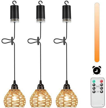 Lightsjoy 3 Piezas Dimmable Lampara Techo Colgante Exterior,Lámpara Techo Vintage Ratan Con Control Remoto Para Interior Comedor,Escaleras,Salon, Dormitorio, Camping Impermeable Exterior ip65 ﻿