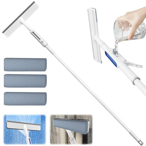 Fensterputzer mit Sprühfunktion, Fensterwischer mit Teleskopstiel, Fensterabzieher mit 3 Mikrofaserpads, Fensterputzer mit Abnehmbar Kopf für Fensterglas, Keramikfliesen, Boden, Spiegel, Autoglas