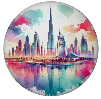 Imán redondo de Dubai exclusivo de Dubai para coleccionistas de recuerdos, arquitectura de rascacielos, horizonte urbano encanto oriental de las cercanías