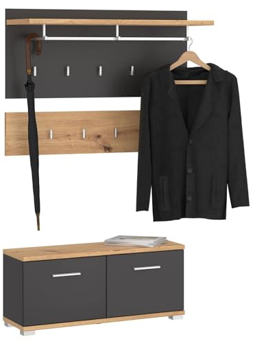IDIMEX Garderobenset BILBAO 3-teilig, Artisan Eiche/Kosmos Grau, ideal für Flur und Eingangsbereich, mit 9 Haken, Kleiderstange, Hutablage und Schuhbank