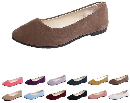 Women's Ballet Flats Simple Casual Flat Shoes Solid Color Pumps Ladies Dolly Ballet Ballerina Work Smart Office Formal Comfort Round Toe Slip On Flats Shoes(Coffee,6.5)