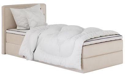 mybed. Boxspringbett Einzelbett Mitto Conti Linke Seite Polsterbett mit Bettkasten Hellbeige 7-Zonen Taschenmatratze H3 100x200 und Topper Jugendbett Kinderbett
