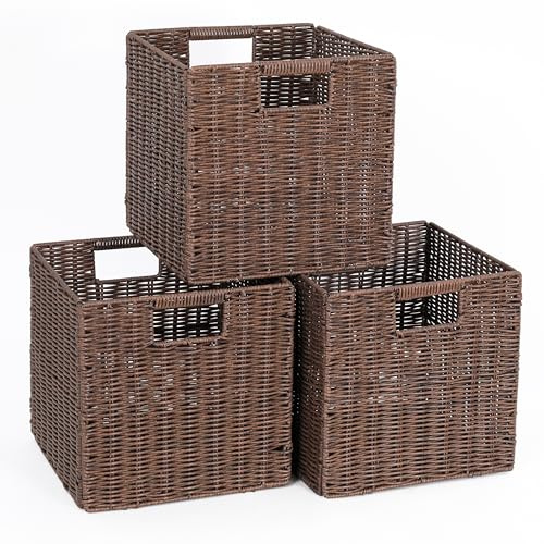 3er-Set Korb Aufbewahrung Geflochten/Handgewebte Aufbewahrungskorb/Regalkorb Faltbar / 27 x 27 x 27cm / Faltkorb Flechtkorb/Regalbox Storage Box