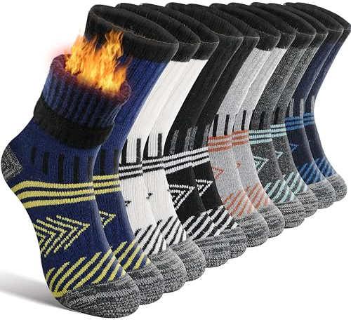 EBMORE Kids Merino Wool Hiking Socks Boys Toddlers Girls Winter Thermal Thick Warm Boot Cushion Ski Snow Gift Socks Stocking Fillers 6 Pairs (Dark Stripes, 4-7 Years)