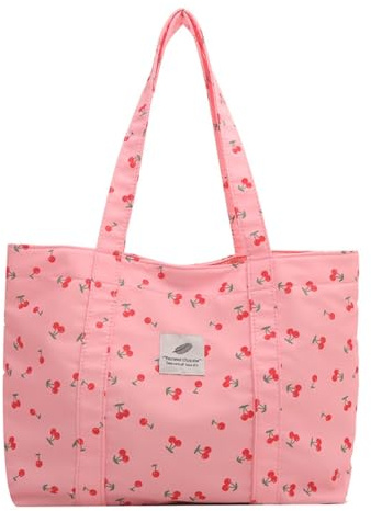 CXINLky Tote Bag Damen Groß Shopper Tasche, Lässige Tragetasche mit süßem Kirsch-Erdbeer-Druck, Nylon Große Kapazität Schultertasche Strand Tasche, Beach Bag Badetasche