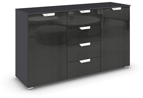 Rauch Möbel Glamour by Aditio Kombikommode, Kommode, Sideboard, Schubkastenkommode, 2-türig, 4 Schubladen, Soft-Close, Farbe Hochglanz Effektgrau-Grau metallic, Schwarz, 140x81x42cm