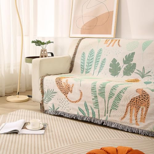 LumiSyne Double-Sided Cotton Woven Throw Blanket With Tassel Jungle Bohemian Style Tapestry Shawl Multi-Function Decorative Throws For Sofa Bed Armchair Camping Blanket Tablecloth Carpet 160x130cm