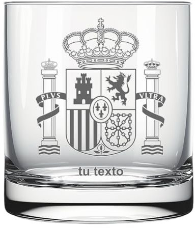Vaso Whisky con escudo España, Personalizable con tu Texto o Nombre, Tumbler Whisky, Regalo personalizado para patriotas. Grabado láser bandera español