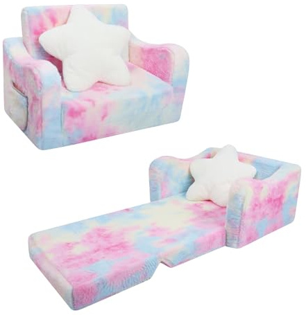 decalsweet Sofás Plegables para Niños Sillón con Almohada Estelar 2 en 1, Sillón Infantil Cómoda Estable Ligero con Bolsillo de Tela, Sofá Cama Asiento para Bebé para Dormitorio Salón,Rosa