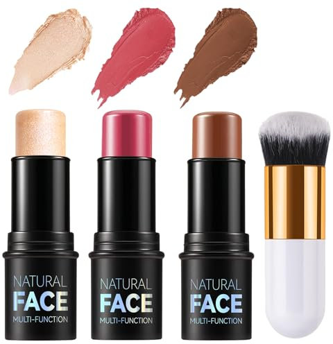 3pcs Kit De Maquillaje Facial: Colorete, Iluminador Y Contorno Facial, Set De Contorno Facial Con Brocha, Colorete En Barra Cremoso Contorno Maquillaje Iluminadores de Maquillaje, Impermeable(Set D)
