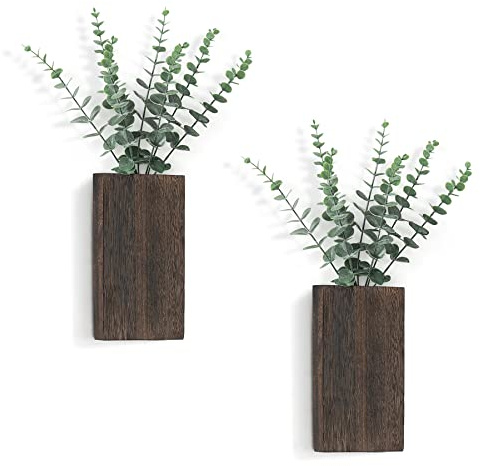 Mkono 2-Pack Holz Wand Pflanzgefäß Vase mit künstlichem Eukalyptus Bauernhaus Wand hängende Dekor für Indoor gefälschte Pflanzen Grün, Wohnzimmer Schlafzimmer Küche Home Office Dekoration