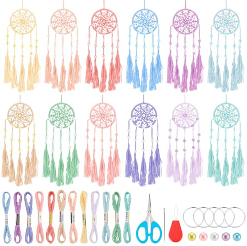 INFUNLY 12er Set Farbenfroher Mini Traumfänger DIY Set mit Anleitung - Boho Traumfänger Bastelset als Taschenanhänger oder Wanddekoration für Erwachsene