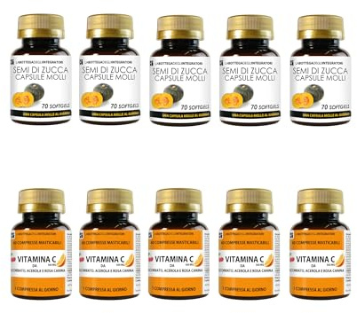 Semi di Zucca 350 Softgels con Olio Spremuto ricco in Omega 3, 6, 9 + Vitamina C da Ascorbato Acerola e Rosa Canina 300 Compresse Masticabili