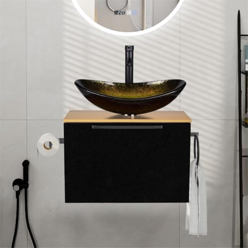 YU YUSING Ensemble de Meubles de Salle de Bain 60cm avec Lavabo, Armoire de Rangement avec Porte-Serviettes et Porte Papier Toilette, Meuble sous Lavabo, Vasque, Ensemble Robinets (Ovale Doré)