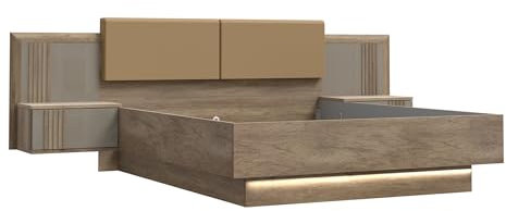 möbelando Bettanlage >Savona< Stellmaß 290,1x97,5x206,6cm, Liegefläche 160x200cm, Kunstleder Kopfteil, LED Beleuchtung, Eiche Antik Dekor, Beige Glanz, Integrierte Nachtkommoden mit Push-to-Open