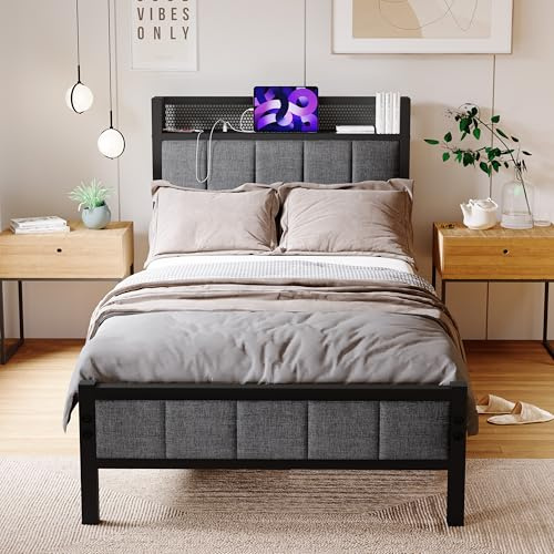 ARFARLY Bett 90x200 mit Lattenrost aus Metall, Bettgestell 90x200 cm Jugendbett 90x200 mit Kopfteil und Ladestation Modern Metallbett einzelbett