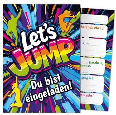 Junaversum 12 Einladungskarten zum Kindergeburtstag Jump Party Mädchen Kinder Jungen coole bunte Einladungen Geburtstag Geburtstagseinladungen Kids