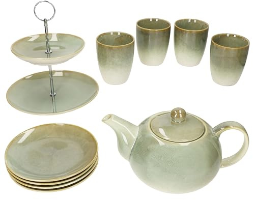 MamboCat Scones Service à thé 10 pièces Vert I 1 présentoir à 2 étages, 1 théière, 4 gobelets et 4 assiettes en faïence pour café et thé pour 4 personnes I Service à thé, idée cadeau