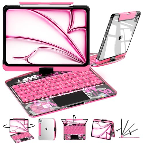 CNAIDUNR iPad Air 13 Case with 360 Rotating Transparent Keyboard Case for iPad Air 13 (M3/M2, 2025/2024), iPad Pro 12.9 Inch (6/5/4/3 Gen), Clear PC Hard Back Cover, Touchpad, Pencil Holder