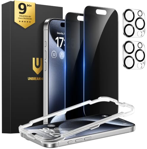 UNBREAKcable iPhone 15 Pro Max Privacy Screen Protector 2-Pack, Upgraded Dual-Tempered Glass + 2 Camera Lens Protectors, 25° Anti-Spy, Military-Grade 9H+, HD Clear, Anti-Fingerprint, 6.7 Inch