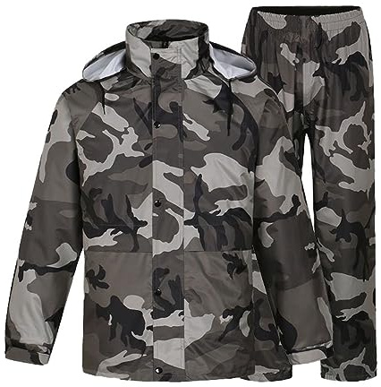 Generisch Traje de lluvia para hombre y mujer, color camuflaje, resistente al agua, juego completo, chaqueta, pantalones, pesca, moto, trabajo, resistente al viento, transpirable, malla interior