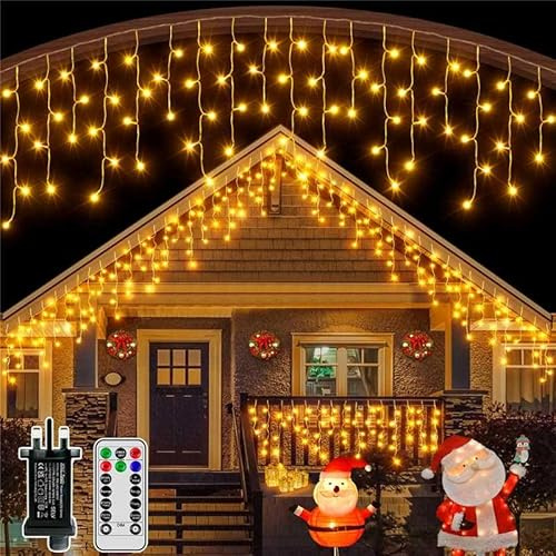 Hopexy Icicle Outdoor Christmas Lights, 355 LEDs 12m Waterproof Connectable Outside Fairy Light Mains Powered, Warm White Hanging String Light Plug in, for House Roof Porch Gutter Xmas Decorations