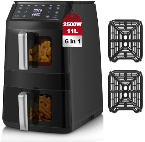 TopStrong Doppelkammer Heißluftfritteuse, 2500W Vertikale Double Stack Airfryer 2 Kammern mit Sichtfenster, Platzsparendes Design, 6 Funktionen, Gleichmäßiges Garen & Wende-Erinnerung, 11L