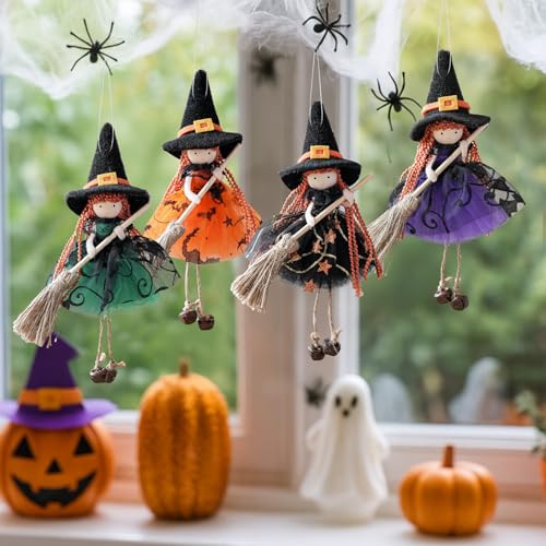 Halloween Deko Hexenpuppe zum Aufhängen, 4 Stück Hängende Deko Halloween Hexen mit Ginster Für Fenster, Hängedeko Hexen Für Innen Outdoor, Dekofigur Anhänger Für Herbst Fensterdeko (Mehrfarbig)