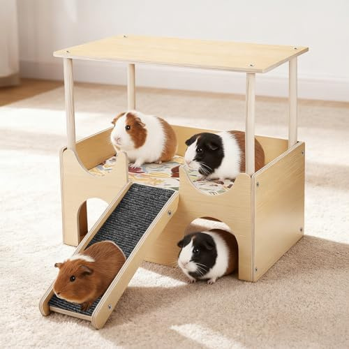 comeder Mehrstöckiger Meerschweinchen-Unterschlupf mit Treppe und Matten, Kaninchenhaus geeignet für kleine Haustiere