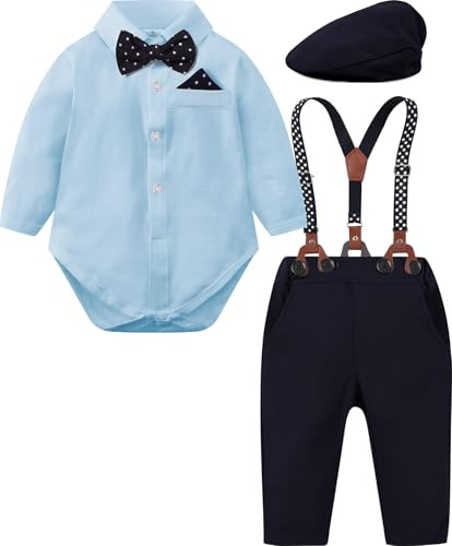 mintgreen Baby Boy Suit Gentleman Wedding Formal Outfit Set Bodysuit Suspenders Bow Tie with Hat, Light Blue, 6-12 Months, 80