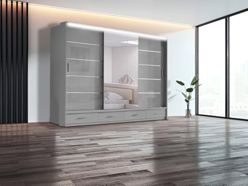 E-BAARIK Tokyo Sliding Door Wardrobe, 2-3 Doors, High Gloss, 220cm Height, with Drawers and Hanging rails, and LED light on TOP (Grey, 256cm)