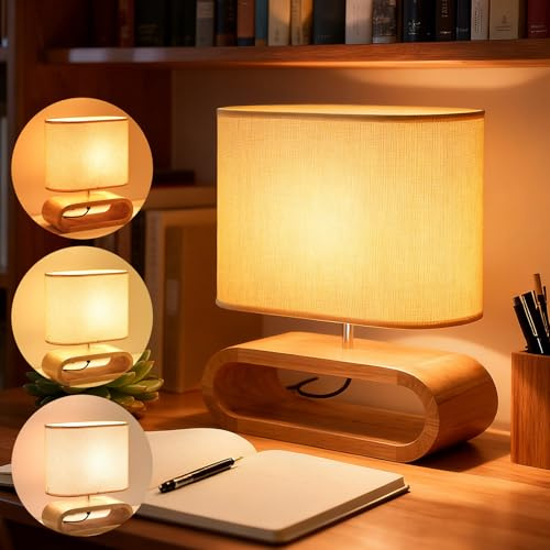 Nachttischlampe aus Holz, Tischlampe mit E27 Fassung, Holz Lampe mit Leinen Schirm, Landhausstil Vintage Beleuchtung für Schlafzimmer & Wohnzimmer, Beige | Moderne Nachttischleuchte mit Schalter
