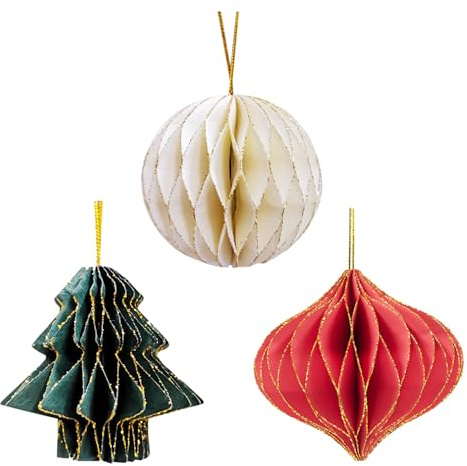3 Stück Weihnachten Hängende Waben Dekorationen,3D Mini Glitter Rand Papier Waben Weihnachten Hängende Ornamente, Wabenball Papier Ornament, für Weihnachtsbaumschmuck, Silvesterparty