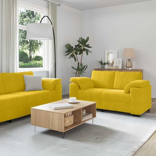 HETFTJN 2-teiliges Samt-Sofa-Set in Gelb, 160/219 x 77 x 82 cm, Zweisitzer & Dreisitzer mit Breiten Armlehnen und Kissen, Modernes Design für Wohnzimmer Büro Gästezimmer