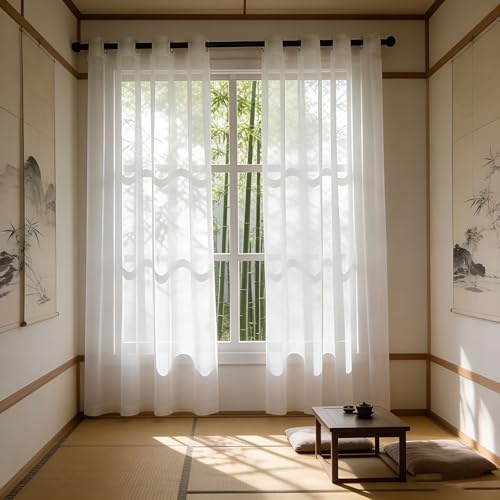 YUANZHI Voile Vorhang 80 x 100 cm Transparent Luftig Window Sheer Curtains, Balkontür Gardine mit Ösen, Glatt, Modern, Langlebig für Wohnzimmer Schlafzimmer Kinderzimmer, Weiß