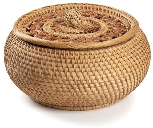 Weidenkorb mit Deckel, 24, 1 x 13 cm, rund, natürlicher Rattan-Brotkorb, dekorativer gewebter Aufbewahrungsbehälter für Küche, Wohnzimmer