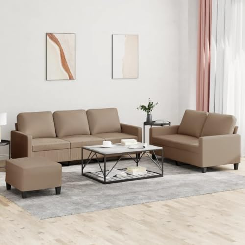 Ordellia Ensemble de canapé 3 pièces en cuir synthétique marron cappuccino robuste avec coussins, canapé confortable pour la détente et les invités