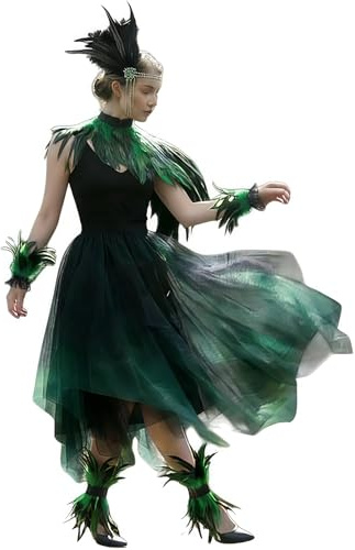Pfau KostüM Damen 5 StüCke Pfau KostüM Damen, Pfauen KostüMs Damens Mit Pfauenfedern Schultertuch Feder Manschetten Hand Kopfschmuck FüR Karneval Cosplay Fasching KostüMfeste Maskerade Party Cosplay