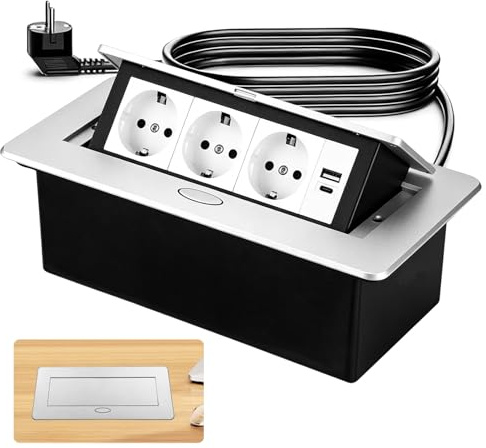 Aluminium Enchufe de Mesa Empotrable, Salida de Enchufe Retráctil con 3 Enchufes, Puertos USB y Tipo C, 4000W/16A Regleta Retráctil para Cocina, Escritorio y Oficina, Cable de 1,8M