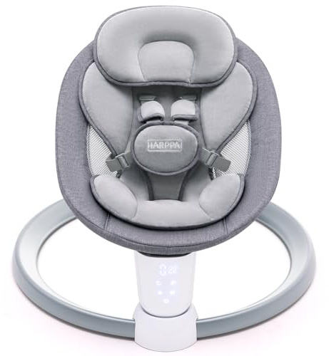 HARPPA Baby Swing Chair, Electric Infant Swing with Remote, Music, 5 Sway Speeds, 3 Timer Modes, 10 Preset Melodies, 5-Point Safety Harness, Portable Baby Bouncer Swing, Light Grey